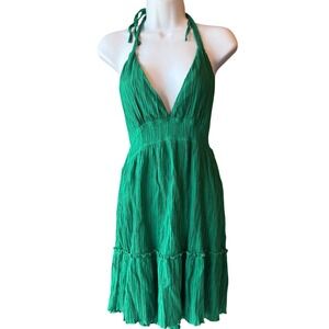 Halter Plunge Neck Open Back Tiered Dress Green Estimated Small Medium